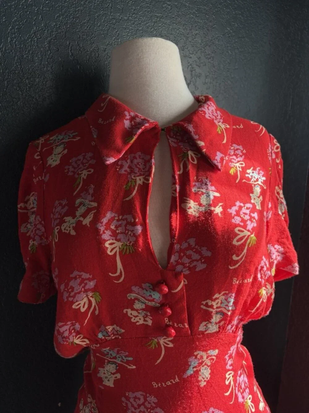 Anna Sui Berard Vintage Tomato Red Floral Dress Sz 6 Short Sleeve 40s inspired - Picture 2 of 12